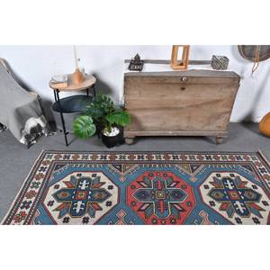 Alfombra étnica Vintage turca clásica de 3,9x7 pies de lana Azul Rojo diseño de retazos área grande para adolescentes rectángulo pasillo modelo látex - Product Image 2