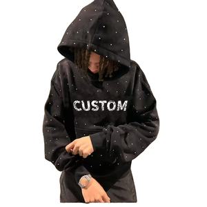 Sudaderas con capucha desgastadas lavadas con ácido de peso pesado personalizadas para hombre 500GSM Terry Fabric Vintage Design Rhinestone Hoodies - Product Image 5