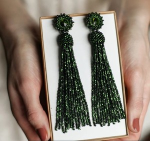 Luxury Quality <b>Emerald</b> Green Beaded Tassel Earrings - Product Image 2