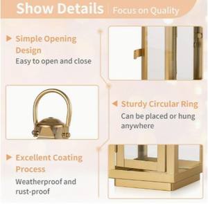 Lanterne à bougie en métal doré de luxe avec panneaux en verre, design classique de poignée, lumière douce et chaude pour la décoration de la maison et les cadeaux festifs - Product Image 6