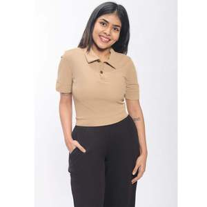 Elegant <b>Women</b> Beige <b>Polo</b> Shirt Short Sleeve Cotton Blend Lightweight Tee Office Travel Casual Bulk Custom Hot Selling - Product Image 5