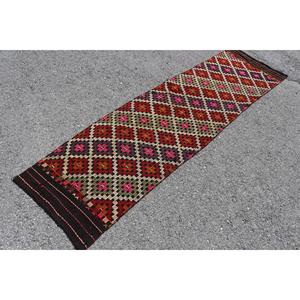 Vintage <b>Runner</b> Rug 2.1x8.6 ft (65x263 cm), Kilim <b>Red</b> Oriental Turkish Rug - Product Image 2