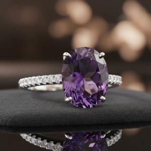 Anillo de Compromiso Islámico Certificado por Terceros, Anillo de Boda con Amatista Natural de Corte Ovalado, Plata 925 con Engaste de Puntas, Rodio - Product Image 1