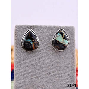 Southwest-Style Black Jack Turquoise & <b>Sterling</b> <b>Silver</b> <b>Stud</b> Earrings Water Drop Shape with Bezel Setting - Product Image 1