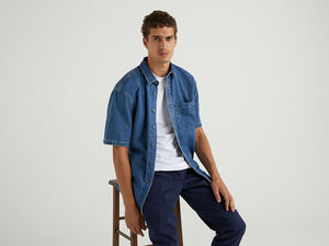 เสื้อเชิ้ตผ้าแฟลนเนล ผ้าฝ้ายใยไผ่ ยืดหยุ่น สีน้ำเงิน ดำ ขาว ผ้าเดนิม เสื้อลำลองผู้ชาย แห้งเร็ว ระบายอากาศได้ดี แขนสั้น - Product Image 3