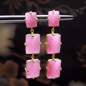 Pink Monalisa <b>Earrings</b> Three Stone Octagonal Shape Faceted Cut Gold Plated Dangle <b>Screw</b> <b>Back</b> Statement 925 Silver Gemstone Gold - Product Image 1