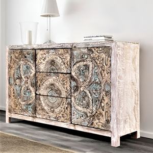 Handcrafted Adjustable Solid Teak Wood <b>Sideboard</b> Intricate Carvings Antique Boho Rustic Farmhouse Dining Living Room Hotel Decor - Product Image 1