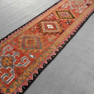 Vintage 3.5x10.4 ft Rug, Turkish <b>Runner</b> Rug, <b>Red</b> Check Rug - Product Image 2