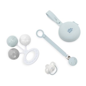 Juego de 4 piezas de silicona azul: estuche para chupete, soporte para babero y sonajero - para bebés de 0 a 12 meses - Product Image 1
