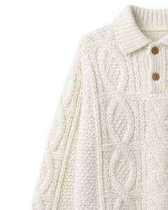 Manufacturer Customized Mens White Wool <b>Cable</b> <b>Knit</b> Polo <b>Sweater</b> Long Sleeve Button Neck Winter Warm Classic Pullover For Men - Product Image 4