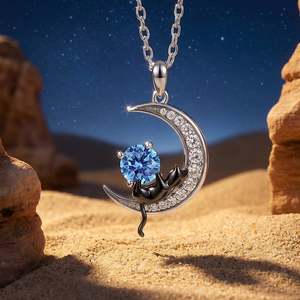 Jeulia Custom <b>Black</b> <b>Cat</b> Moon Necklace with Round Birthstone-Gold Plated Chain - Product Image 2