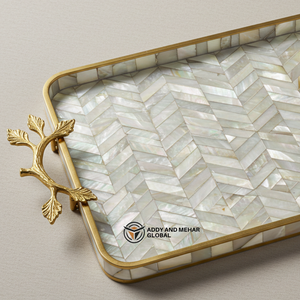 ถาดเสิร์ฟทรงสี่เหลี่ยมสีขาว/สีรุ้ง, ที่จับรูปใบไม้สีทองทำจากโมเสกมุก (ม็อบ) หรูหราผู้จัดจำหน่ายในอินเดีย - Product Image 6