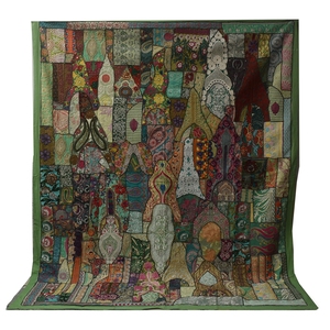 ของตกแต่งบ้านขนาดควีนไซส์อินเดียงานเย็บปะด้วยมือสีเขียวผ้าห่มส่าหรีสไตล์วินเทจผ้าห่มและผ้าห่ม - Product Image 1