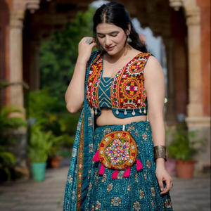 Traditional Navratri Special Navy Blue Lehenga Choli In Rayon <b>Fabric</b> with Printed Foil Work And Gamthi Work For <b>Indian</b> Womens - Product Image 1