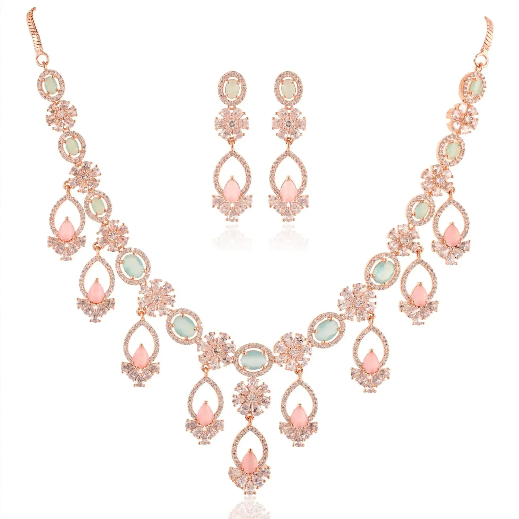 Conjunto de aretes y collar de piedra de cristal chapado en oro rosa y azul, conjunto de joyas de piedra nupcial india de cuarzo Aqua y rosa para mujer