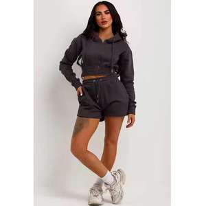 Haute qualité noir femmes fermeture éclair sweat à capuche haut et ensemble court survêtements deux pièces ensemble femmes survêtement travail à capuche - Product Image 3