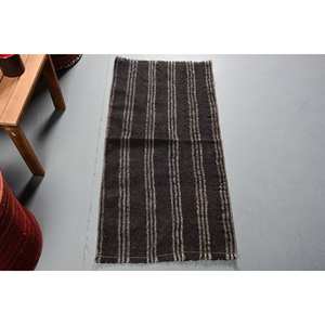 Tapis en laine rayé gris noir classique fait à la main 1.8x3.6 pieds Design Patchwork rectangulaire pour vivre pour les adolescents Tapis de chevet en latex - Product Image 1