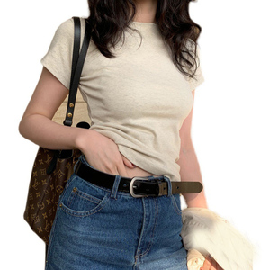 Oem Customized logo Design Women's Right Shoulder Short Sleeved T Shirt Europe Thin Round Neck Pure Cotton <b>Top</b> Layered Bottoms - Product Image 3