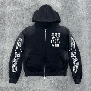 New Arrival Unisex 500gsm Hip Hop <b>Style</b> Outdoor Hoodies Double Zipper Sun Fade <b>Spray</b> Washed Silk Screen Printed Long Embroidered - Product Image 5