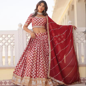 Jacquard de viscosa pura de color granate de último diseñador con trabajo bordado Lehenga Choli & Dupatta Set para bodas, fiestas - Product Image 1