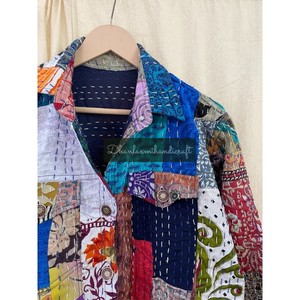 Chaqueta vaquera de algodón y seda de talla grande, chaqueta Kantha Vintage de retales, abrigo hecho a mano para casa de verano, botón multicolor - Product Image 2