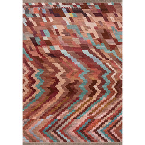 Tapis en laine et soie de bambou noués à la main Manchaha, motif chevron rouge et orange pour la maison - Les-2682 - Product Image 1