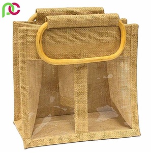 Sac à vin en jute réutilisable personnalisé pour cadeaux et marques Fourre-tout pour bouteille unique avec poignée Sac écologique naturel pour emballage de bouteille - Product Image 4