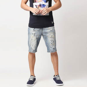 Trendy Fashionable Hip Hop Skinny Jeans <b>Shorts</b> for Men Mid Waist <b>Elastic</b> Closure Solid Front Logo Breathable <b>Denim</b> <b>Shorts</b> - Product Image 5