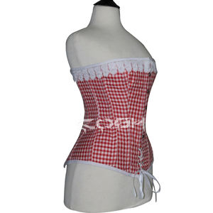 <b>Red</b> Checkered Cotton Overbust Corset <b>Tight</b> Lacing Corsetry With Front Busk Closure - Product Image 3