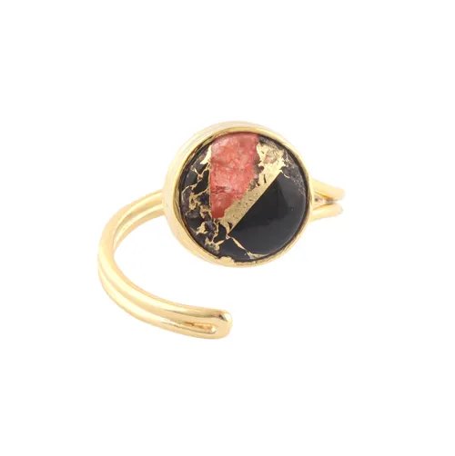 Creative wholesale round shape mohave red black copper turquoise double layer statement rings gold plated open adjustable rings