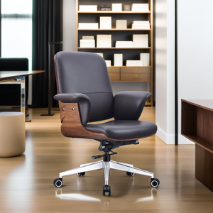 Silla de Oficina Contemporánea Tapizada en Cromo con Respaldo de Madera Curvada y Altura Ajustable - Product Image 3