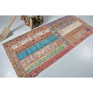 Tapis turc vintage 3.2 X 7.7ft fait à la main bleu beige en laine avec peluche hauteur forme rectangulaire motif abstrait pour chambre - Product Image 2