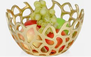 Cuenco decorativo único de aluminio dorado para frutas, centro de mesa de Metal ovalado redondo para oficina en casa con hermoso patrón - Product Image 2