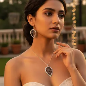 925 Silver <b>Garnet</b> Leaf <b>Pendant</b> & Earrings Set for Women Fine Jewelry Sets - Product Image 2