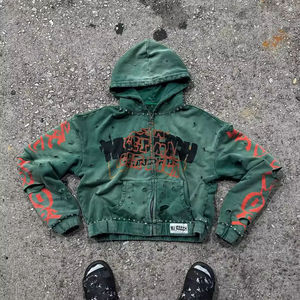 Sudadera Corta Vintage Lavada al Ácido Personalizada por el Fabricante, Sudadera con Capucha de Algodón para Hombre, Estilo Francés, con Cierre, Estampado DTG, Pedrería, Desgastada. - Product Image 4