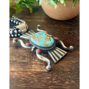 Handmade Ethnic Religious Style Chimney Butte #8 Turquoise & Coral Bezel Setting Pendant <b>Charm</b> Pendants Sterling <b>Silver</b> - Product Image 2