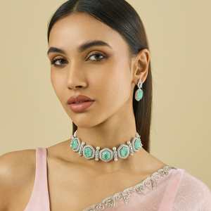 Zircon Choker Necklace 182662 Elegant <b>Wedding</b> <b>Accessory</b> with Dazzling Hexagon-Shaped Zircon Stones Zinc Alloy Bezel Setting - Product Image 1