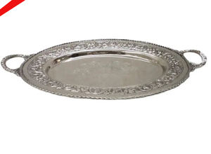 Plateau de service en métal fini argenté de qualité standard avec poignée dorée à motif de fleurs pour hôtel - Product Image 5
