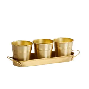 Gold Solid galvanized Metal Planter Pot Usage For Garden planter With Tray 4 pieces for home & wedding gift at best lowest price