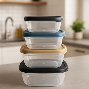 Transparent <b>square</b> plastic food container set with 4 stackable boxes in 500ml 900ml 1500ml and 2400ml sizes ideal - Product Image 2