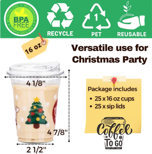 Gobelets à café jetables écologiques en plastique recyclable de 16 oz, étanches, avec couvercles, pour les fêtes de Noël, boissons froides glacées - Product Image 3
