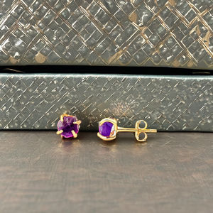 5-7mm Genuine Raw <b>Amethyst</b> Gemstone <b>Stud</b> <b>Earrings</b> Classic Style 925 Sterling Silver Jewelry Gold Finish February Birthstone Gift - Product Image 4