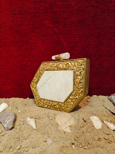 Asymmetrical Mother of <b>Pearl</b> <b>Clutch</b> with Hammered Gold Frame and Crystal Stone Clasp Luxury Evening Statement <b>clutch</b> bag - Product Image 3