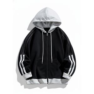 Sudadera con capucha y cremallera unisex, sudadera informal con mangas a rayas y logotipo personalizado - Product Image 1