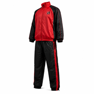 Ensemble de survêtement coupe-vent pour homme, rouge et noir, col montant, fermeture éclair intégrale, style sportif, en nylon/polyester, vêtements d'extérieur coupe-vent - Product Image 3