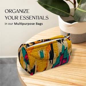 Yellow Floral Pure Cotton Hand-Block Large Eco-Friendly Vintage Case Multipurpose Pouches Organiser/Kit/Bag Cosmetic <b>Makeup</b> - Product Image 2