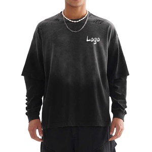 Camisetas de logotipo de diseño personalizado de alta calidad, camiseta de manga larga de doble capa con lavado ácido de piedra desgastada rasgada Vintage para hombres - Product Image 2