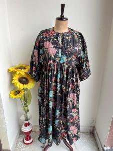 Maxi vestido de algodón con estampado floral de bloque de mano, vestido largo bohemio de manga larga de globo, traje de vacaciones de playa con estampado de bloque indio hecho a mano - Product Image 3