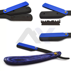 Rasoir Swing Lock Shavette à bord droit Rasoir à manche en bois bleu uni Rasoirs de qualité supérieure en acier inoxydable noir - Product Image 5