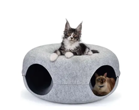 더블 오프닝이있는 맞춤형 애완 동물 침대 이동식 원형 고양이 놀이 터널 펠트 애완 동물 고양이 집 동굴 침대